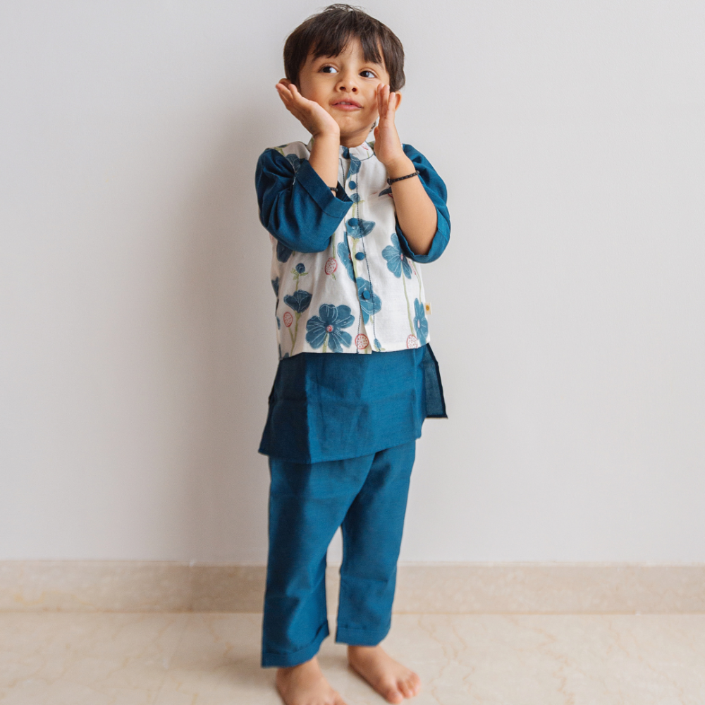 Dulaar Chanderi Kurta Pyjama Bandi Set - Poppy Fields Sapphire