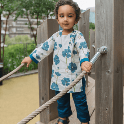 Dulaar Chanderi Kurta Pyjama Neutral Set - Poppy Fields Sapphire