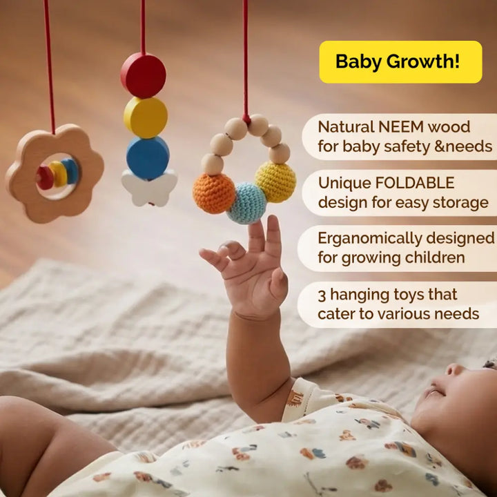 Shumee Wooden Montessori Baby Play Gym | Foldable Neem Wood Activity Gym with 3 Hanging Sensory Toys | Infant Development Toy | 0+ Months