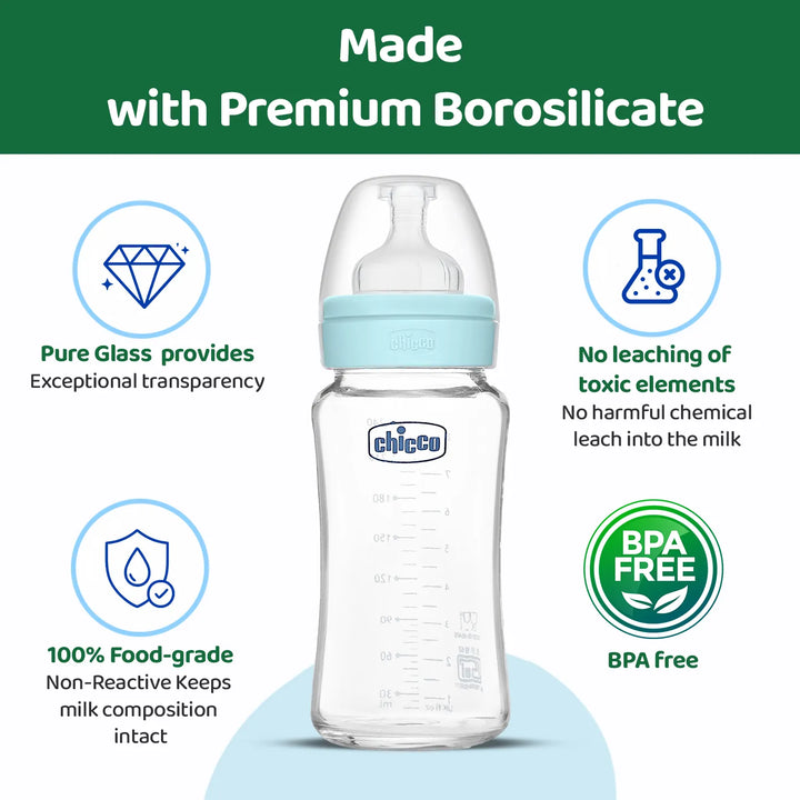 Chicco Well-Being Glass Feeding Bottle (240ml, Medium Flow) - Blue