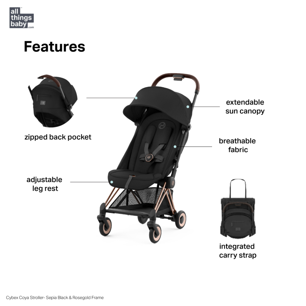 Cybex COYA Compact Travel Friendly Stroller - Sepia Black Rosegold Frame