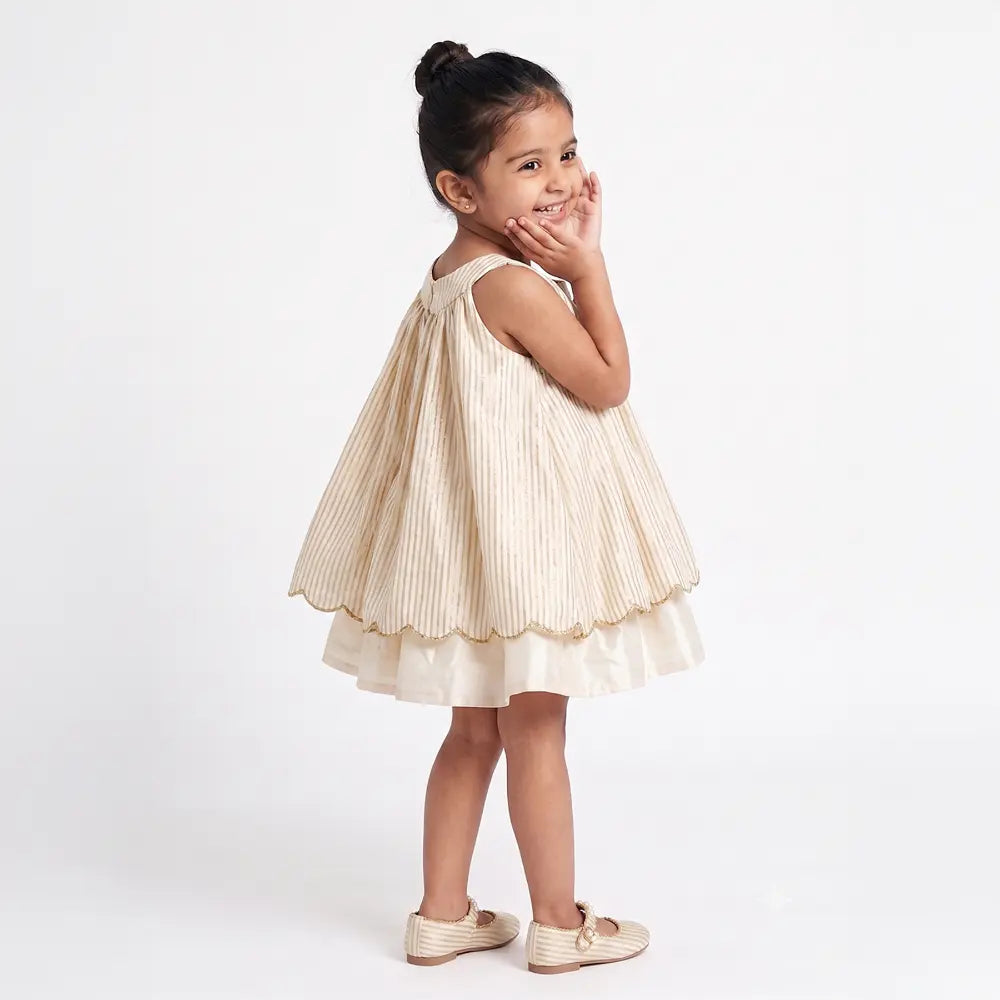 PureCloth.Co Baby Girl Silk Dress | Golden Stripe White Golden Stripe