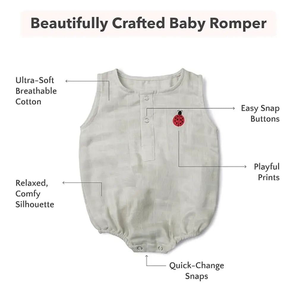 The White Cradle Organic Cotton Baby Romper for Newborn Baby Boy &amp; Girl | Pack of 2 Gray Bow with Beetle Infant Rompers | Snap Button Crotch for Easy Diaper Change | Soft Summer Baby Outfit
