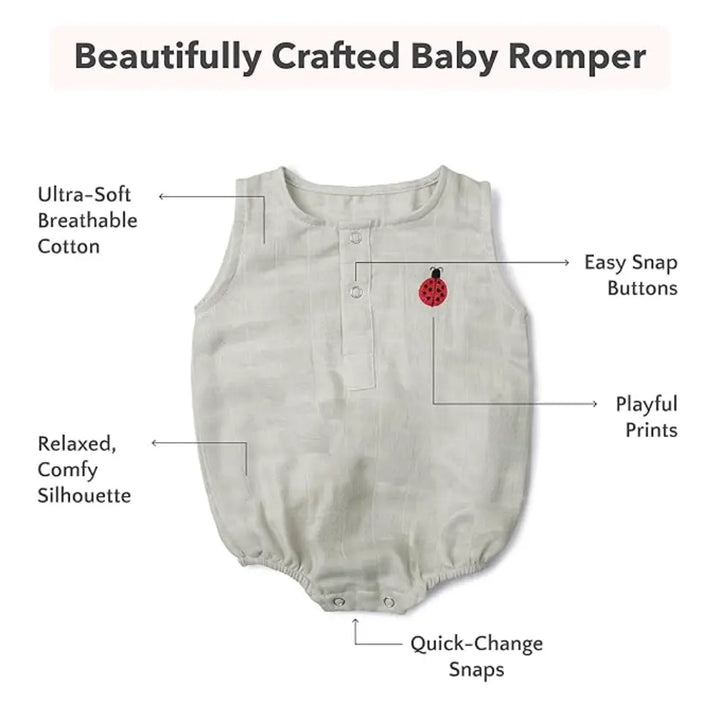 The White Cradle Organic Cotton Baby Romper for Newborn Baby Boy &amp; Girl | Pack of 2 Gray Bow with Beetle Infant Rompers | Snap Button Crotch for Easy Diaper Change | Soft Summer Baby Outfit