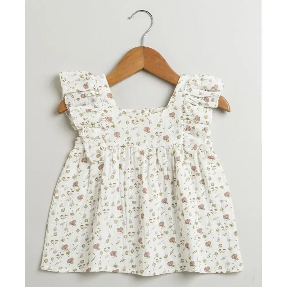 Sweetlime By AS Pumpkin &amp; Floral Print Ruffle Organic Cotton Co-ord Set - Off-White &amp; Peach