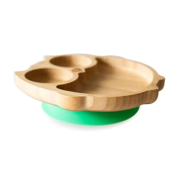 Eco Rascals Bamboo Owl Shaped Plate - Baby Led Weaning, 3 Section Plate - Non Toxic, Natural Bamboo with Strong Suction, FDA Approved, 100% Silicone Suction Bases, BPA-PVC Free - Green