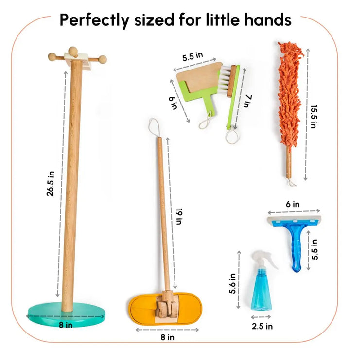 Curious Cub Wooden Kids Cleaning Play Set | Pretend Play Mop, Brush &amp; Spray Bottle | Montessori Life Skills Toy | 1 Year+