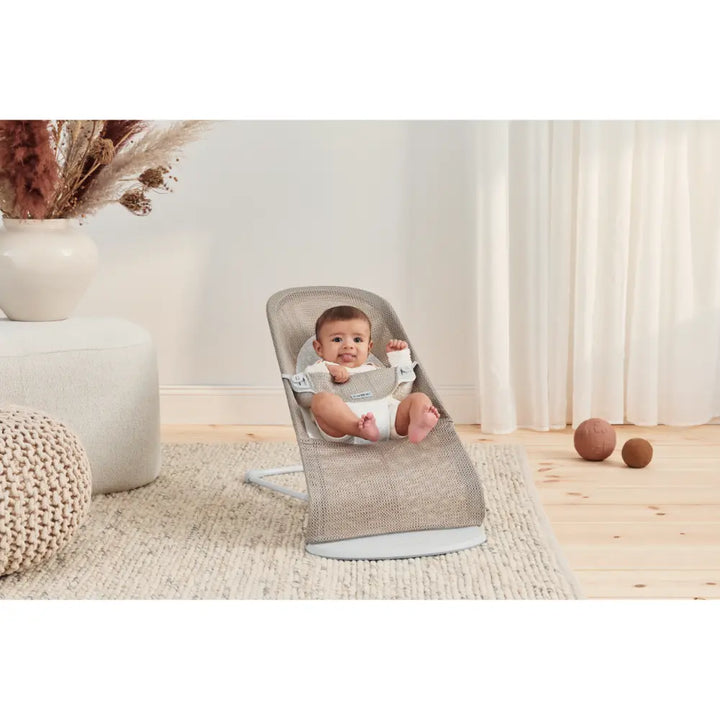BabyBjorn Balance Soft Mesh, Lightweight Ergonomic Baby Bouncer with Natural Rocking, Convertible to a Toddler Chair, Ergonomic design, Newborn to Toddler (0–2 Years) - Sand Grey Beige / White
