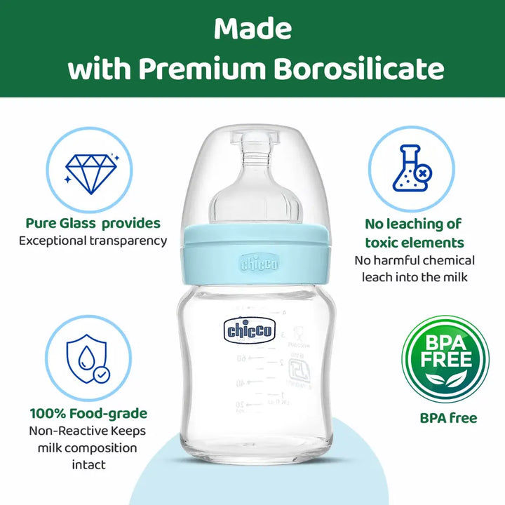 Chicco Well-Being Glass Feeding Bottle (120ml, Slow Flow) - Blue