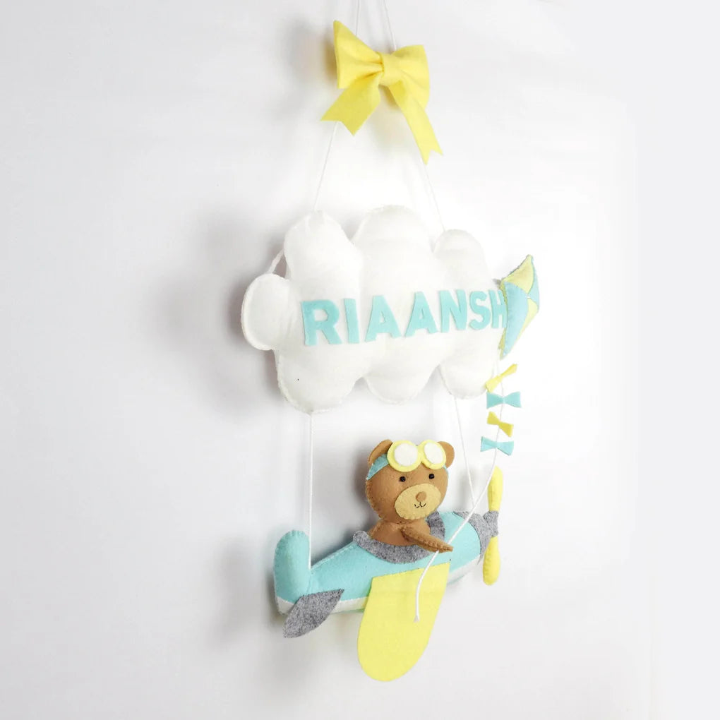 GWD Kids Teddy On An Airplane - Personalised Wall Hanging - Light Blue