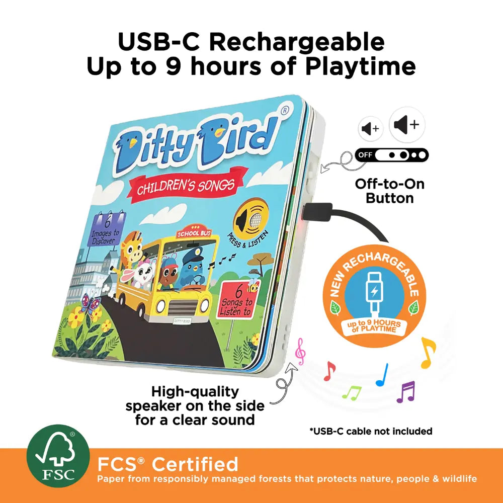 Ditty Bird Musical Book - Fun &amp; Interactive  Nursery Rhyme Book for Toddlers, Sturdy Baby Sound Books, 12M+, USB-C Rechargable - Children&