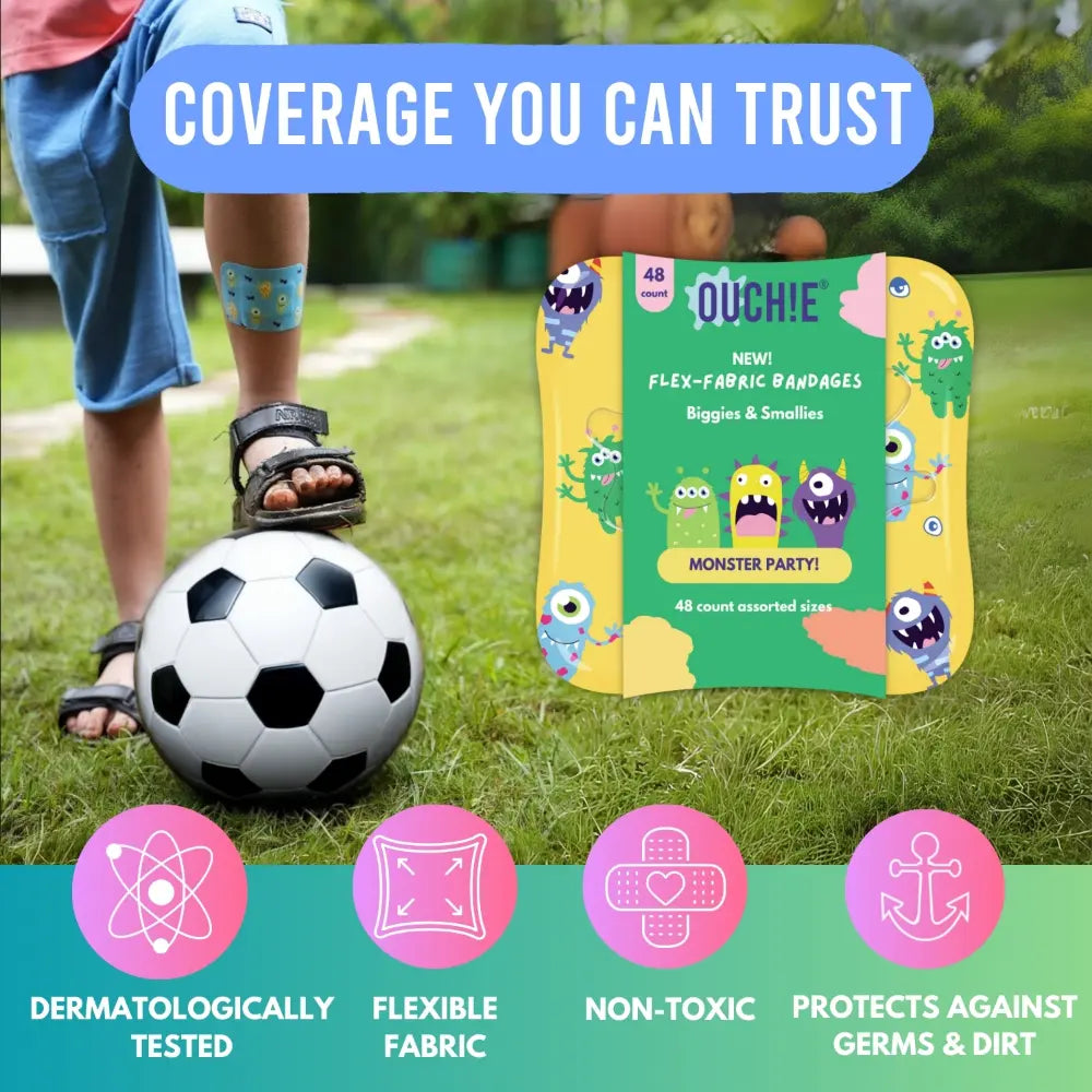 Ouchie Flex-Fabric Bandages (Limited Edition) – 48 Count in Reusable Tin Box, Assorted Sizes