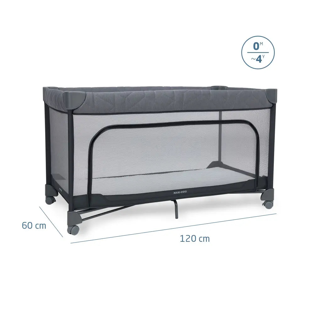 Maxi-Cosi Merlin Travel Cot, One-Step Fold, 3cm Thick Cushioned Mattress, Travel-Friendly with Included Travel Bag, Birth-4 Years - Elegance Graphite