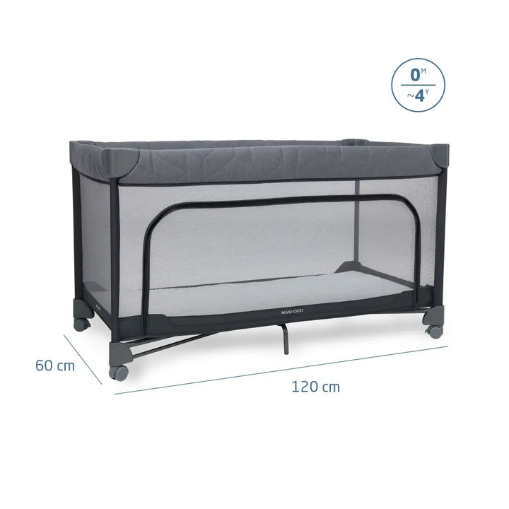 Maxi-Cosi Merlin Travel Cot, One-Step Fold, 3cm Thick Cushioned Mattress, Travel-Friendly with Included Travel Bag, Birth-4 Years - Elegance Graphite