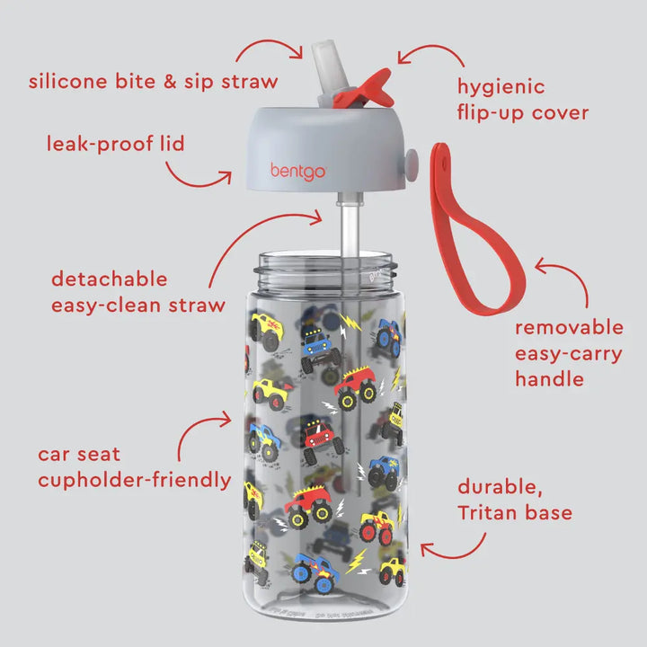 Bentgo Kids Water Bottle 450 ml, Leak-Proof Straw Bottle for Kids, Lightweighted &amp; Durable, BPA &amp; PFAS-Free Tritan Water Bottle, Ideal for School, Daycare &amp; Travel, 3 years+ - Trucks