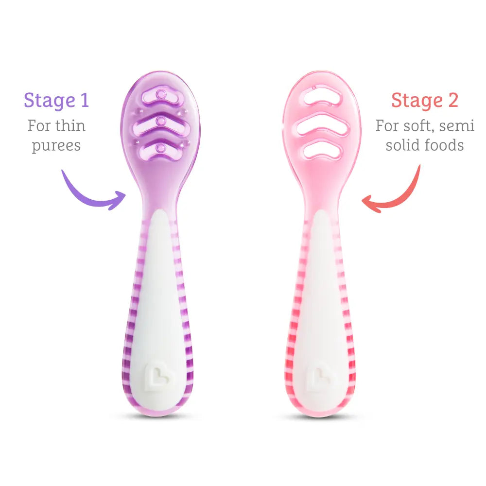 Munchkin Gentle Dip Multistage Infant Spoon Set, Silicone Self-Feeding Spoons for Baby-Led Weaning, Stage 1 &amp; Stage 2, BPA-Free, 4+ Months - Pink / Purple