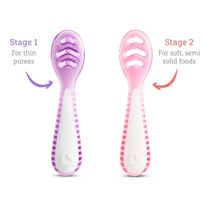 Munchkin Gentle Dip Multistage Infant Spoon Set, Silicone Self-Feeding Spoons for Baby-Led Weaning, Stage 1 &amp; Stage 2, BPA-Free, 4+ Months - Pink / Purple