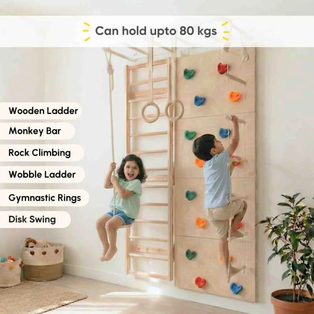 Curious Cub Space Saver Jungle Gym 3 | 6 Components - Wooden Ladder | Rock Climbing | Wobble Ladder | Monkey Bar | Gymnastics Ring | Disk Swing | Ages 4-15 Years