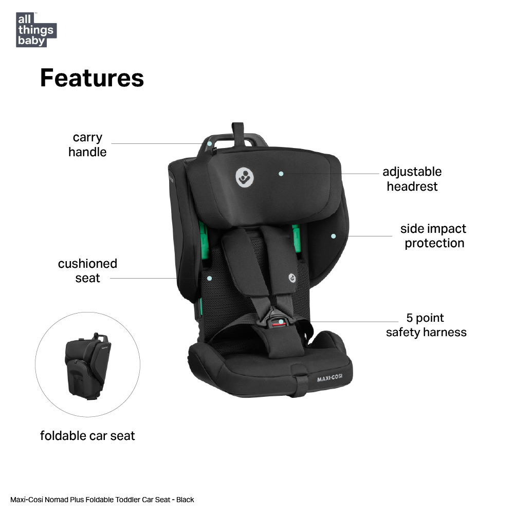 Maxi-Cosi Nomad Plus High-Back Booster Car Seat, Lightweight Foldable Travel Car Seat, Forward-Facing, 5-Point Harness, Side Impact Protection,