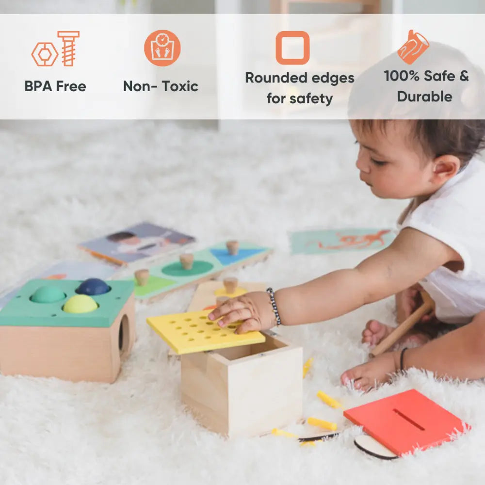 Curious Cub Montessori Box 7 | 8-Piece Toddler Learning Toy Set | Coin Box, Ball Hammer &amp; Puzzles | 13+ Months