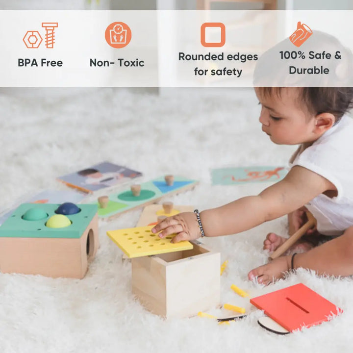 Curious Cub Montessori Box 7 | 8-Piece Toddler Learning Toy Set | Coin Box, Ball Hammer &amp; Puzzles | 13+ Months