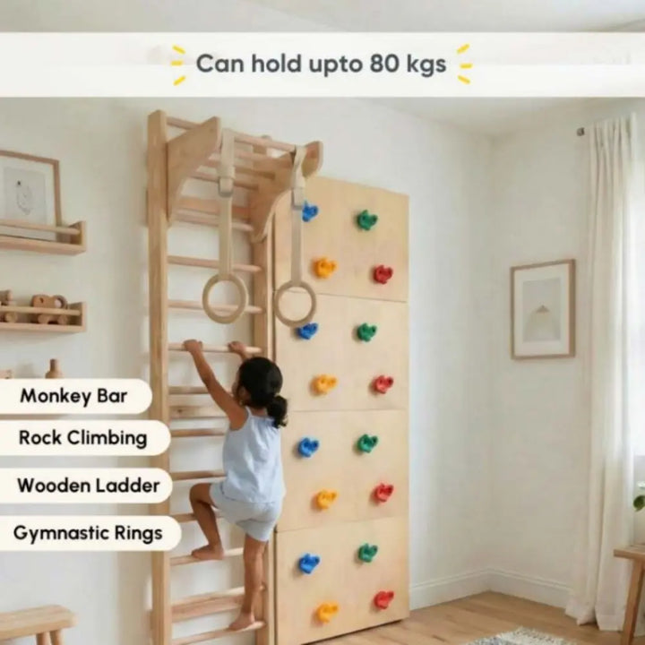 Curious Cub Space Saver Jungle Gym 1 | 4 Components - Wooden Ladder, Moveable Monkey Bar, Rock Climbing, Gymnastic Rings | Ages 4-15 Years