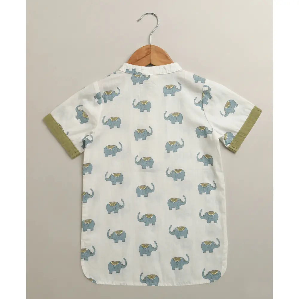 Sweetlime By AS Baby Boys Elephant Printed Cotton Kurta with Olive Cotton Pants Co-ord Set - White &amp; Olive Green