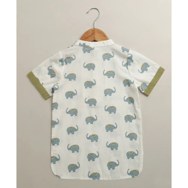 Sweetlime By AS Baby Boys Elephant Printed Cotton Kurta with Olive Cotton Pants Co-ord Set - White &amp; Olive Green