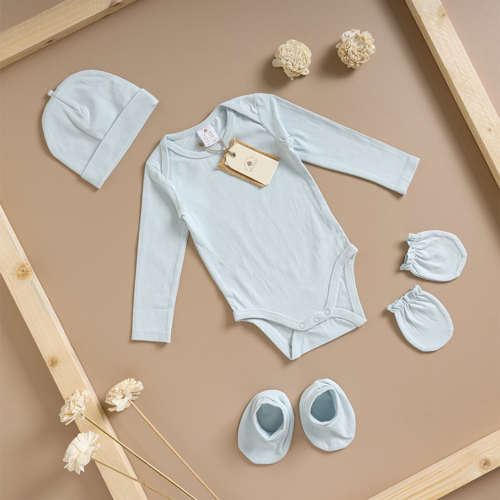 Baby Forest Poshaak Baby Bodysuit Set (Full Sleeves) With Cap, Mittens & Booties - Morning Mist