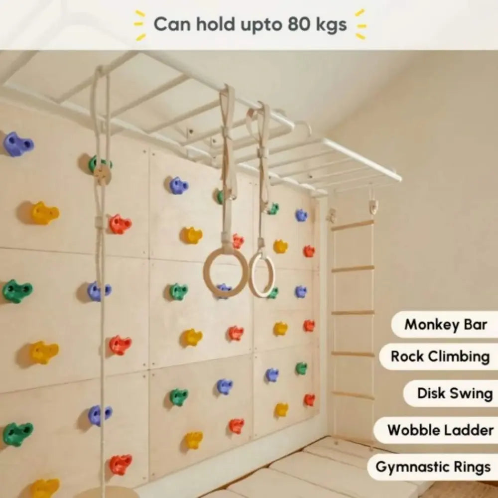 Curious Cub Ultimate Jungle Gym 1 | 5 Components - Monkey Bar, Rock Climbing Panels, Wobble Ladder, Gymnastic Rings, Swing | Ages 4-15 Years