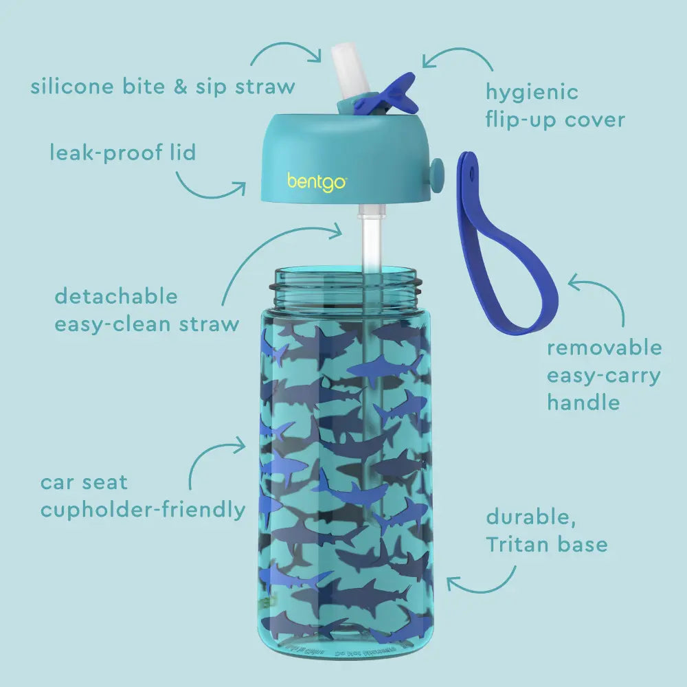 Bentgo Kids Water Bottle 450 ml, Leak-Proof Straw Bottle for Kids, Lightweighted &amp; Durable, BPA &amp; PFAS-Free Tritan Water Bottle, Ideal for School, Daycare &amp; Travel, 3 years+ - Sharks