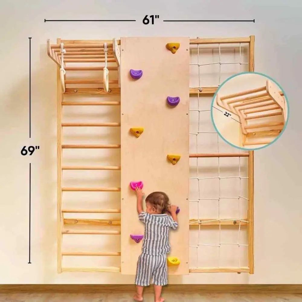 Curious Cub Wall Mounted Indoor Jungle Gym | Including 5 Activities - Monkey Bar, Rope Climbing, Rock Cimbing, Gymnastic Rings and Wooden Ladder | Active Play | Ages 2-9 Years
