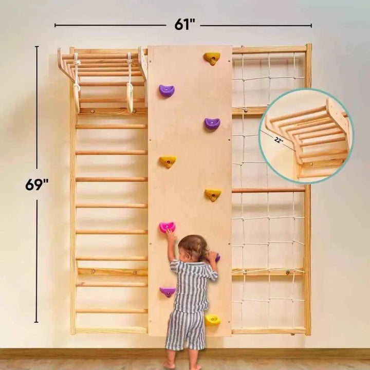 Curious Cub Wall Mounted Indoor Jungle Gym | Including 5 Activities - Monkey Bar, Rope Climbing, Rock Cimbing, Gymnastic Rings and Wooden Ladder | Active Play | Ages 2-9 Years