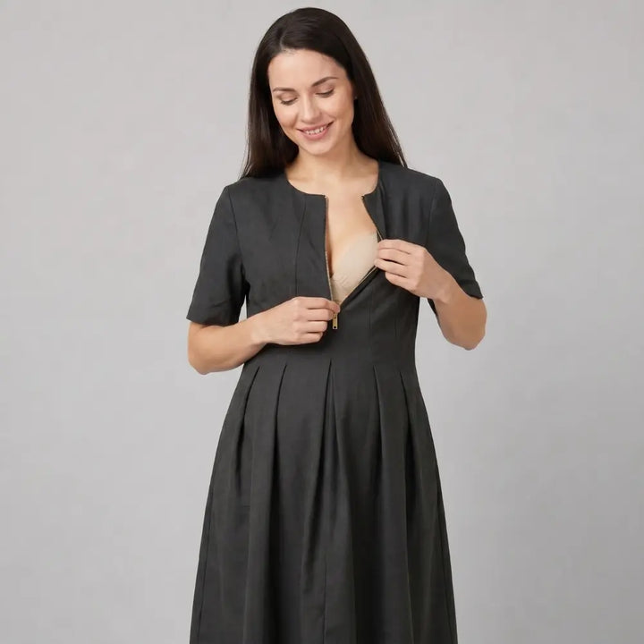 SOL MAMA Pleat Front Zip Dress - Dark Grey
