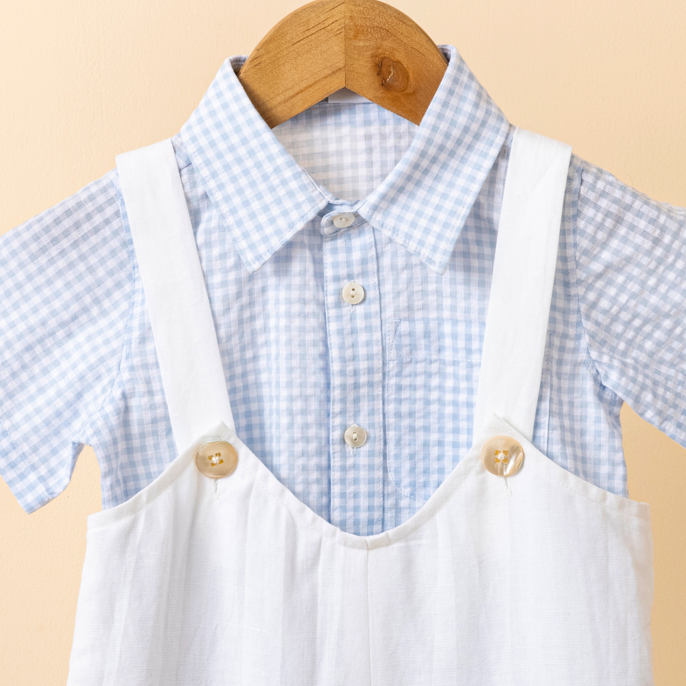 Baby Forest Poshaak Checkered Shirt with Off White Cotton Linen Romper Set