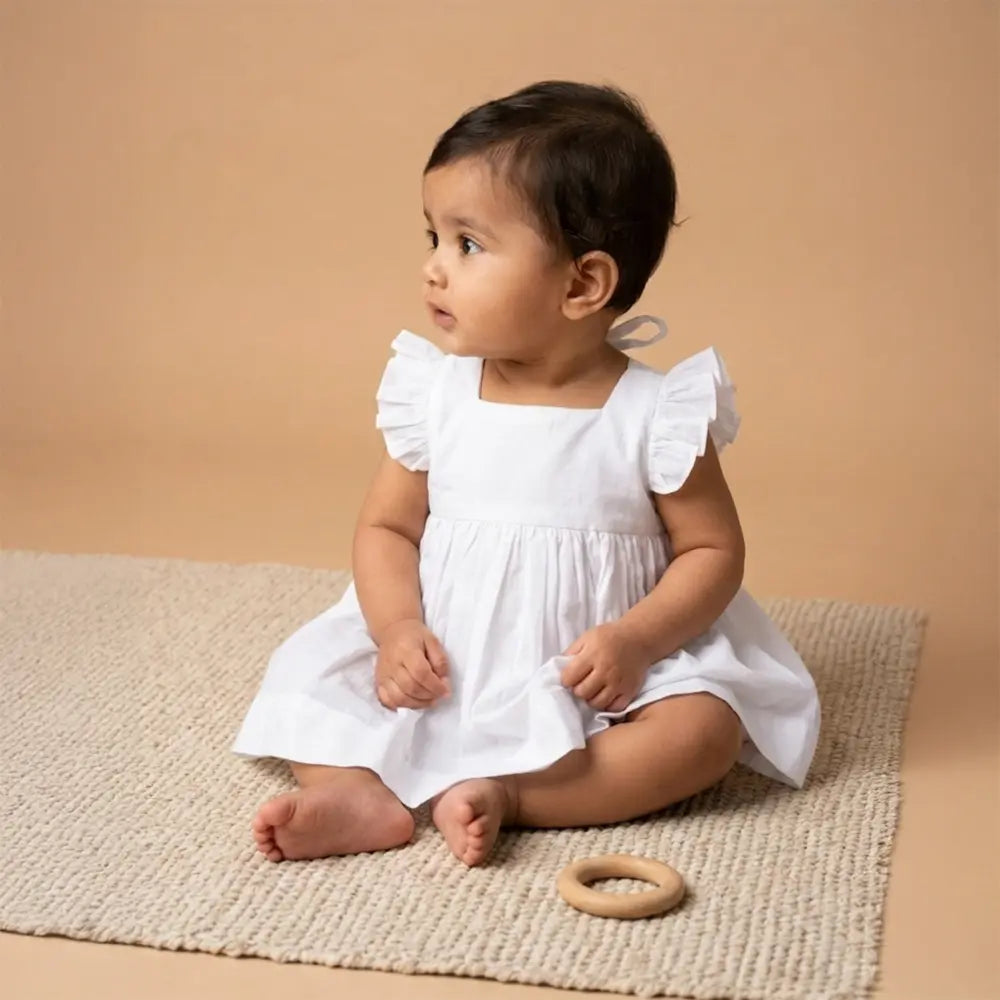 PureCloth.Co Ruffle Baby Dress with Bloomers | Off-White