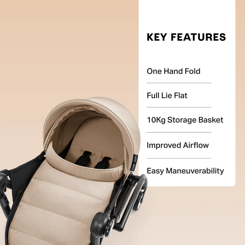 Stokke YOYO5 Stroller with Newborn Pack | One-Hand Fold &amp; Unfold | Foldable with the Newborn Pack Attached | Ventilation Windows | Ultra-Lightweight Cabin Approved Travel Stroller | Birth to 4 Years | Supports Up to 22 kg | Taupe