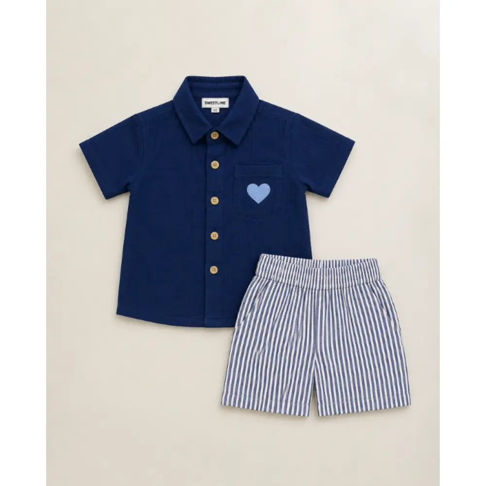 Sweetlime By AS Unisex Organic Cotton Shirt with Blue Stripe Cotton Shorts Co-ord Set – Navy Blue &amp; White