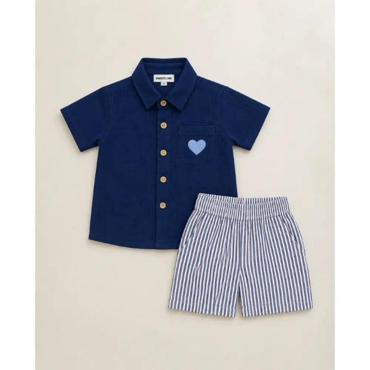 Sweetlime By AS Unisex Organic Cotton Shirt with Blue Stripe Cotton Shorts Co-ord Set – Navy Blue &amp; White