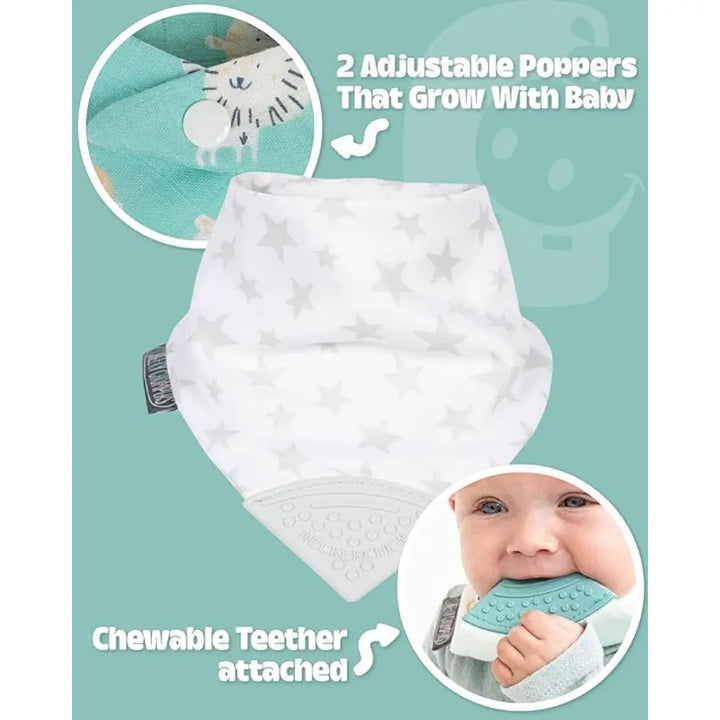 Cheeky Chompers Muslin Neckerchew for Babies &amp; Toddlers, Reversible Bib with Attached Silicone Teether, Super Absorbent, BPA-Free, 2–24 Months - Silver Stars