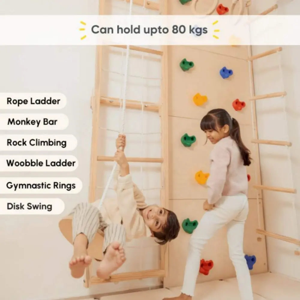 Curious Cub Space Saver Jungle Gym 2 | 6 Components - Rope Ladder, Rock Climbing, Wobble Ladder, Monkey Bar, Gymnastic Rings, Disk Swing | Ages 4-15 Years