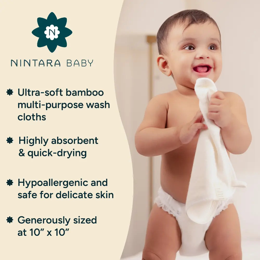 Nintara Baby So - Softs Bamboo Wash Cloths, Quick - Drying, 10" x 10", Pack of 3 - White