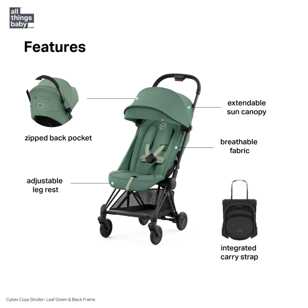 Cybex COYA Compact Travel Friendly Stroller - Leaf Green, Matt Black Frame