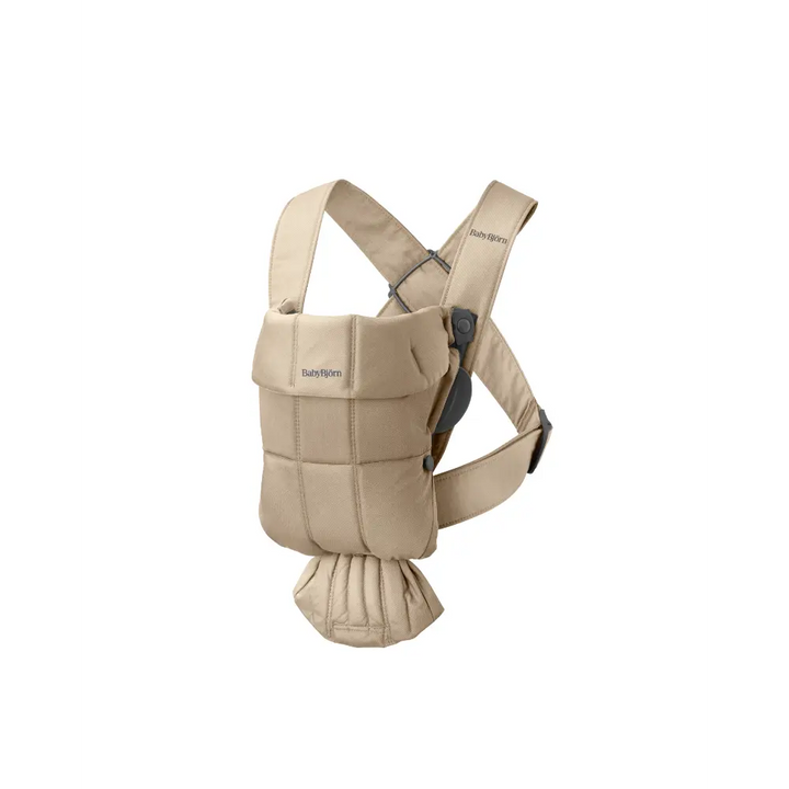 BabyBjorn Mini Baby Carrier (Woven), Soft &amp; Lightweight Fabric, 3 Carrying Positions, Ergonomic “M” Position and Head Support, Adjustable Waistbelt &amp; Cross Straps, Easy to Use, Birth to 12 Months (upto 11kg) - Beige