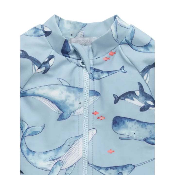 Purebaby Blue Unisex Long Sleeve Sunsuit - Whale Pod Print