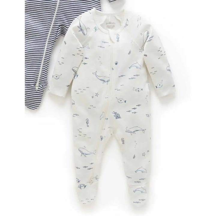 Purebaby Unisex Nautical Pack of 2 Organic Cotton Baby Growsuits - Vanilla