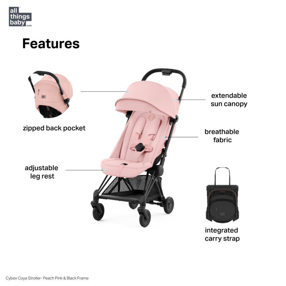 Cybex COYA Compact Travel Friendly Stroller - Peach Pink Matt Black Frame