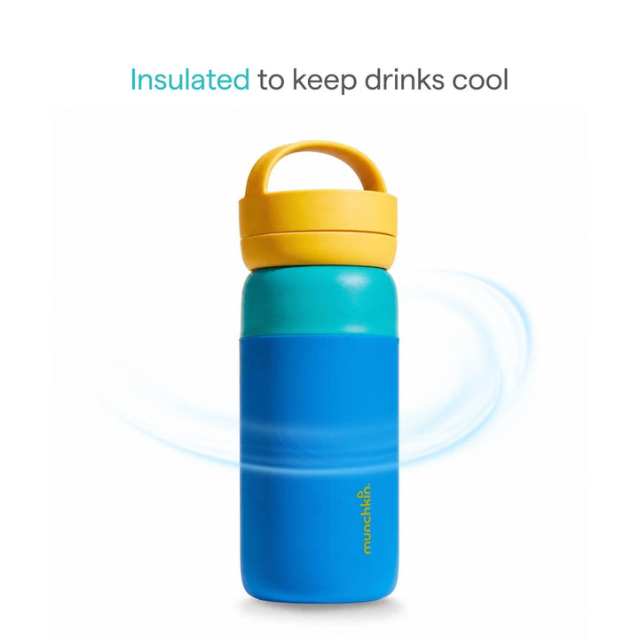 Munchkin Stay Cool Insulated Water Bottle, 355ml/ 12oz, Toddler Straw Bottle, With Flip Flop Lid &amp; Carrying Handle, Spill Proof valve, 24+ Months - Blue