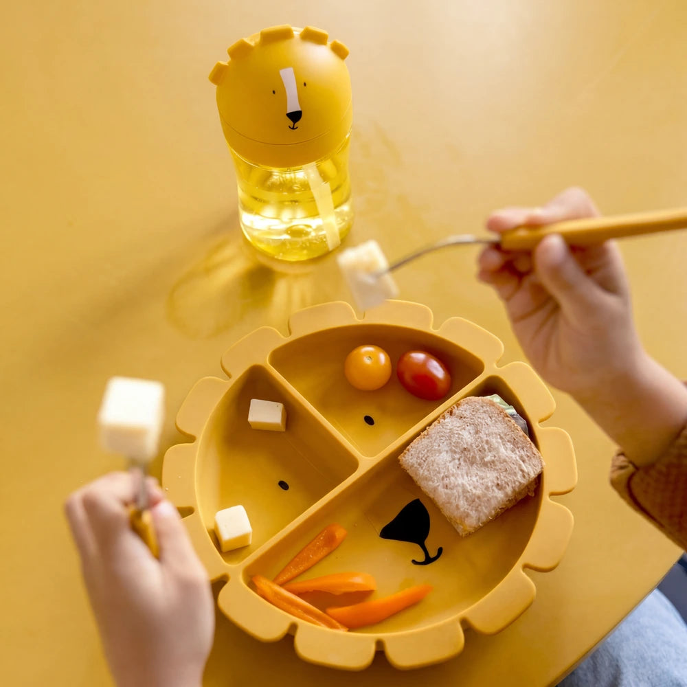 Trixie Silicone Divided Suction Plate | 100% Food-Grade Silicone Plate with Stick &amp; Stay Base, Compartments &amp; Easy-Clean Design | 4 Months Onwards | Mr. Lion