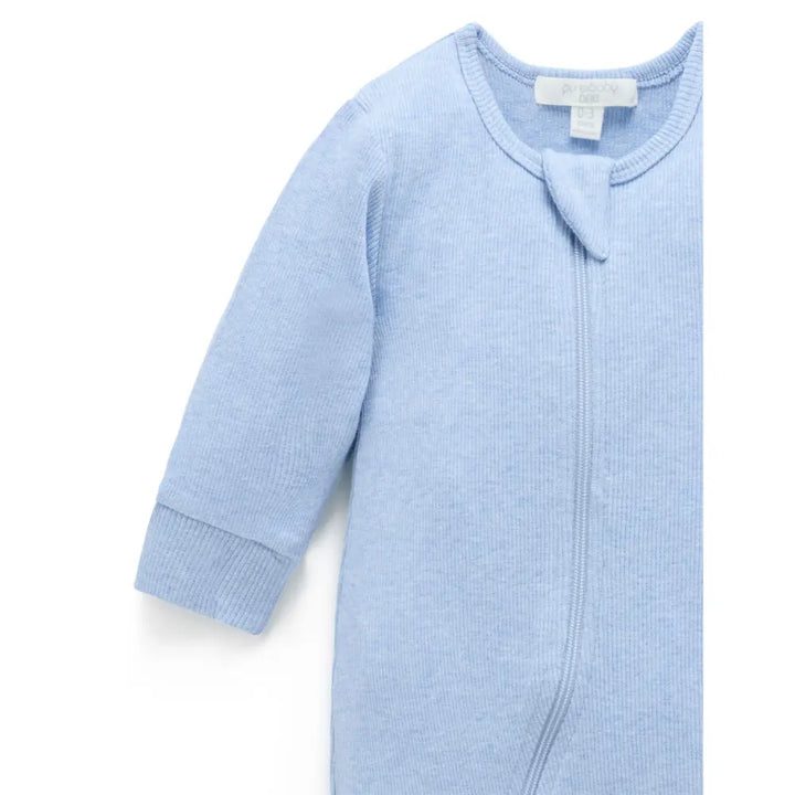 Purebaby Unisex Organic Cotton Rib Zip Growsuit - Pale Blue Melange